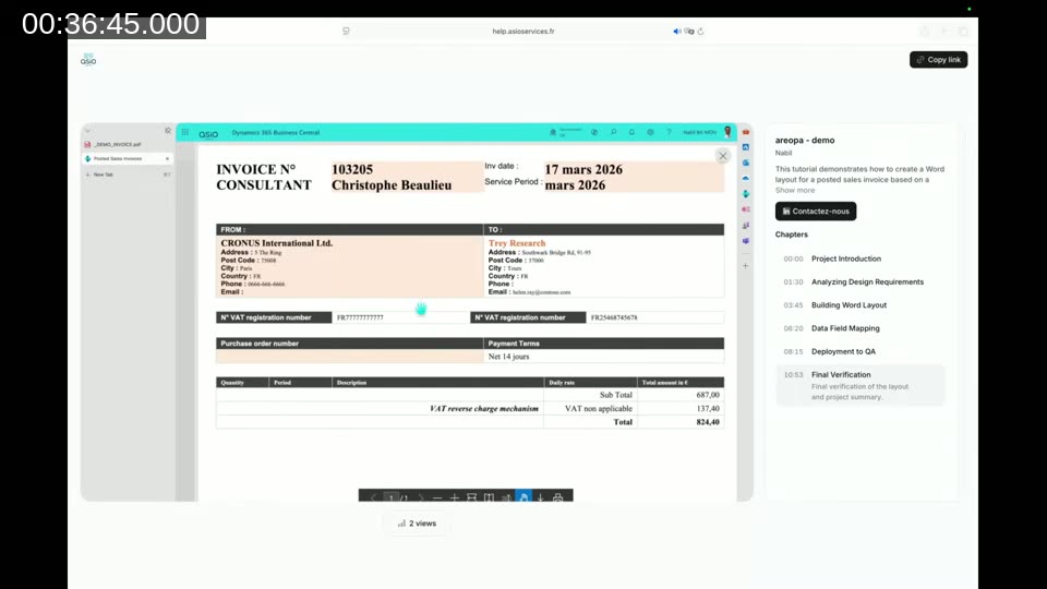 Generated sales invoice PDF open in Business Central's Posted Sales Invoices print preview, produced by the Claude Code-built Word layout