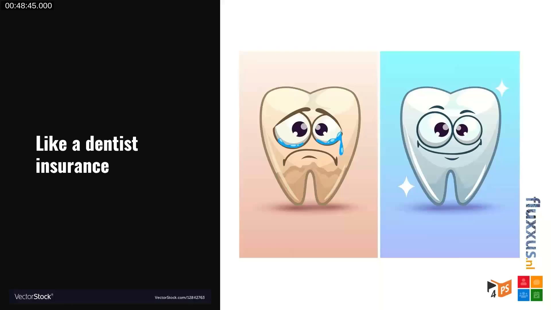 Two cartoon teeth, one decayed and one healthy, illustrating the dentist insurance analogy