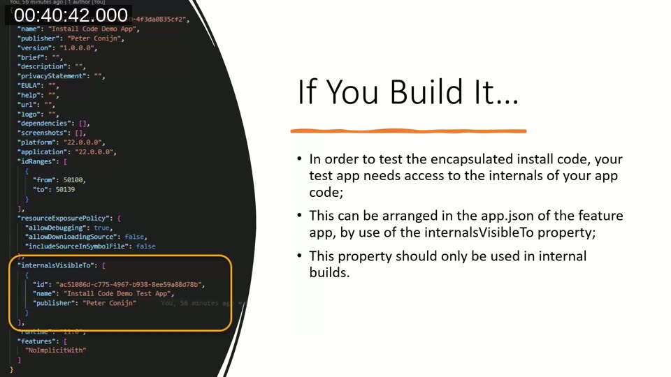 app.json showing the internalsVisibleTo property granting the test app access to internal procedures