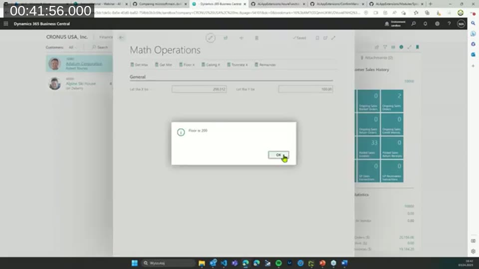 Business Central demo page with Math Operations actions: Get Max, Get Min, Floor, Ceiling, Truncate, Remainder