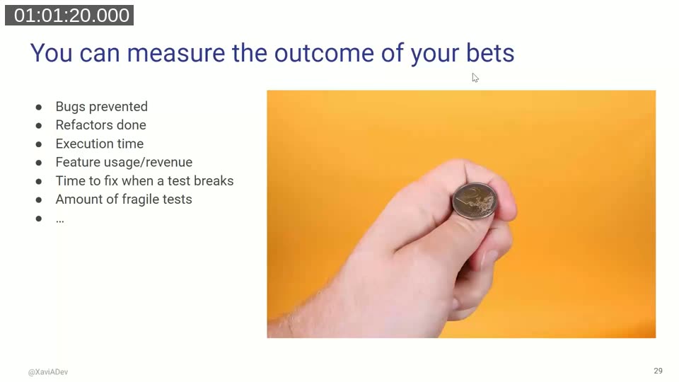 Slide listing proxy metrics to measure the outcome of a testing bet: bugs prevented, refactors done, execution time, feature usage, time to fix, amount of fragile tests