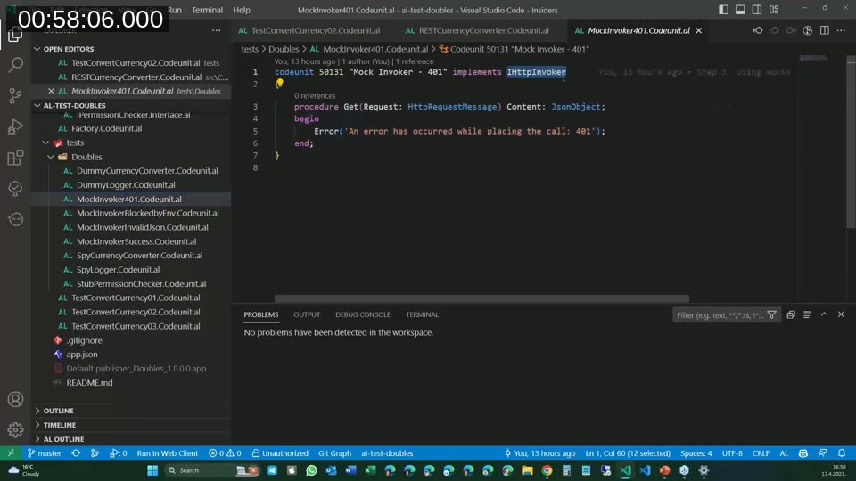 Visual Studio Code showing a Mock Invoker codeunit for a 401 response and the full set of dummy, spy, stub, and mock codeunits in the repository