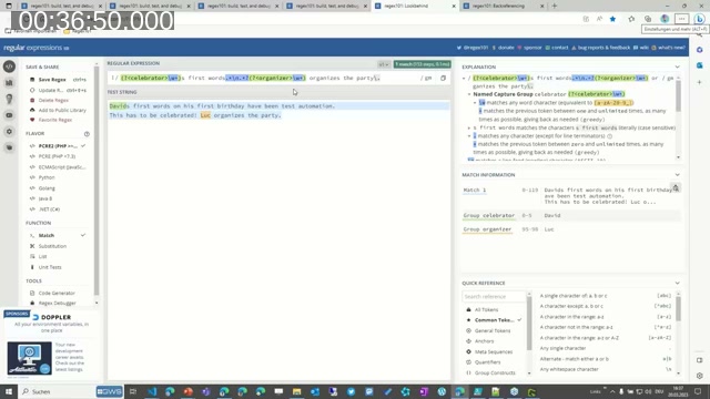 regex101.com showing named capturing groups 'celebrator' and 'organizer' with their matched values in the results panel