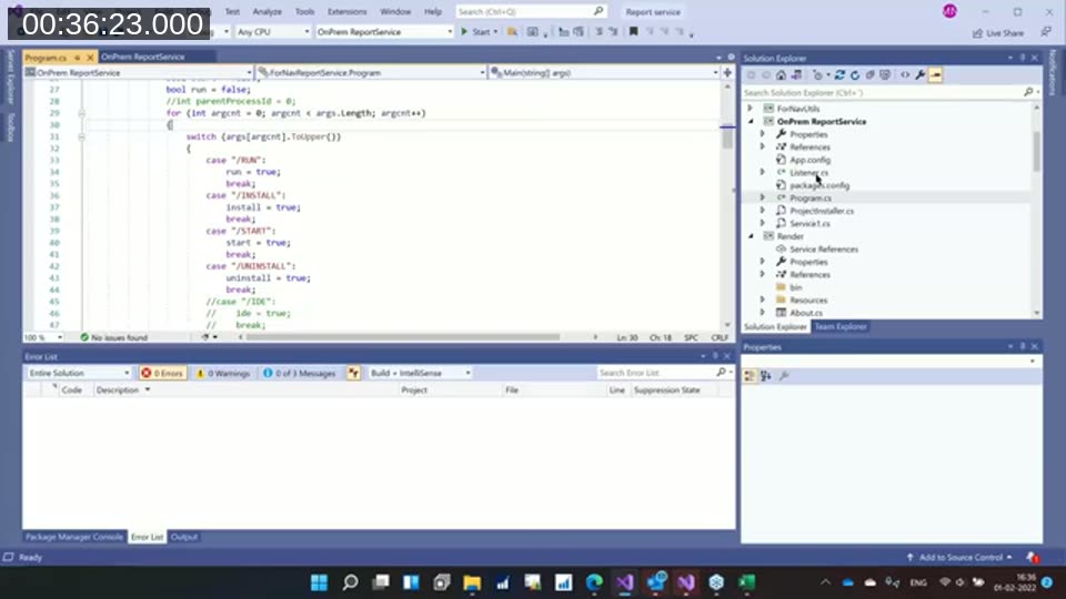 Visual Studio showing C# code for an on-premises Windows service with RUN, INSTALL, START, and UNINSTALL command handling