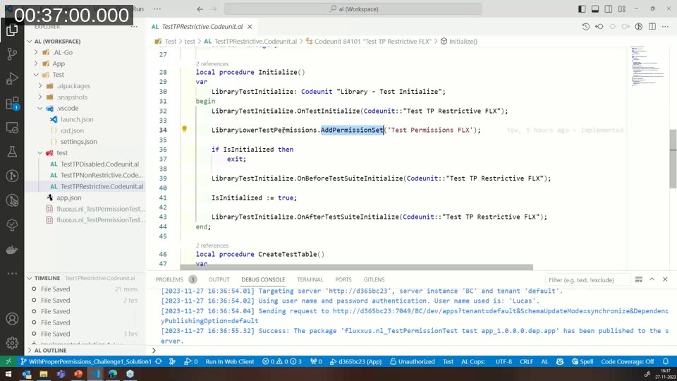 AL code showing LibraryLowerTestPermissions.AddPermissionSet called in a test codeunit's Initialize procedure