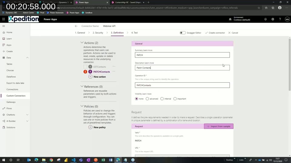 Definition tab listing the GETContacts and PATCHContacts actions, with the PATCH action's summary, description, and operation ID