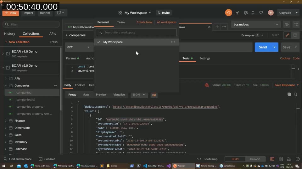 Postman workspace switcher showing Personal, Team, and Create New workspace options