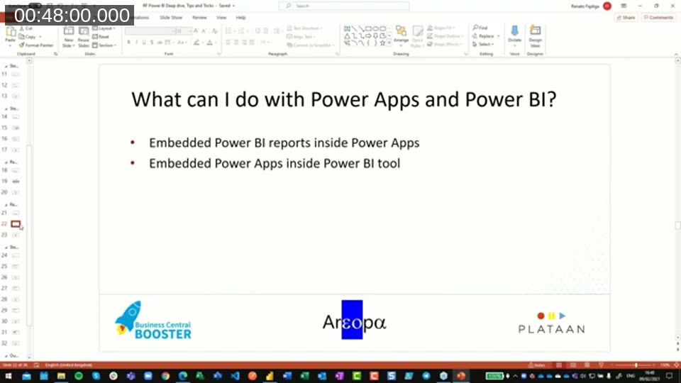 Slide titled 'What can I do with Power Apps and Power BI?' listing embedded Power BI reports inside Power Apps and embedded Power Apps inside the Power BI tool