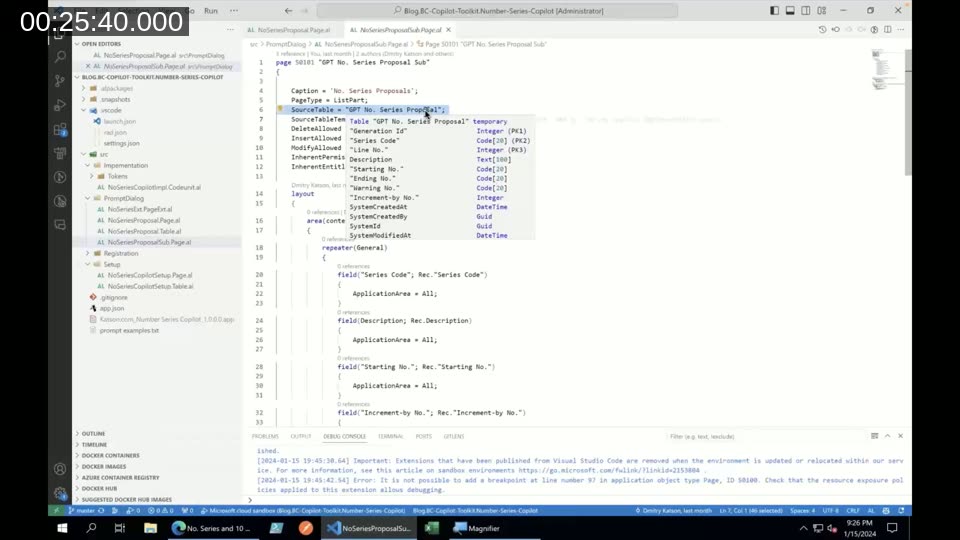 Visual Studio Code with NoSeriesProposalSub page AL code, GPT No. Series Proposal source table