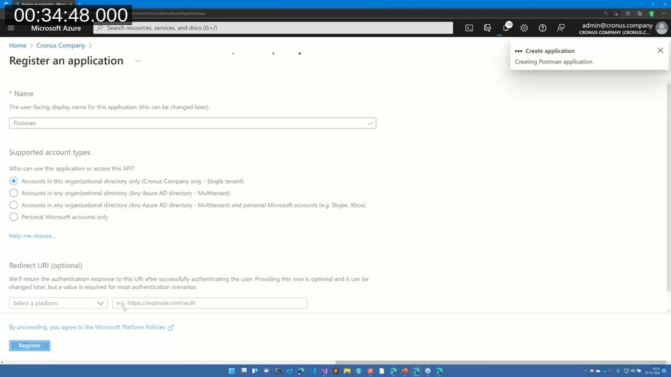 Azure AD Register an application screen showing the Postman app name and single tenant account type option