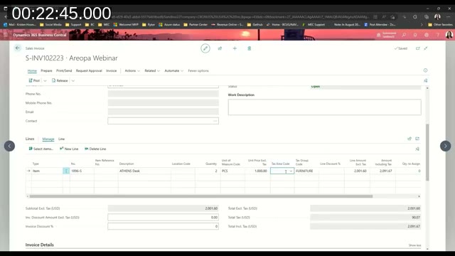 Sales invoice with sales tax calculated based on the customer's tax area code