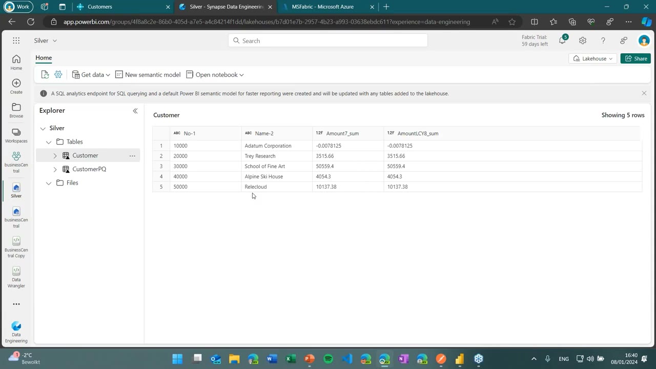 Silver Lakehouse Customer table with 5 rows and summed Amount columns, showing identical results from both the notebook and Data Wrangler routes.