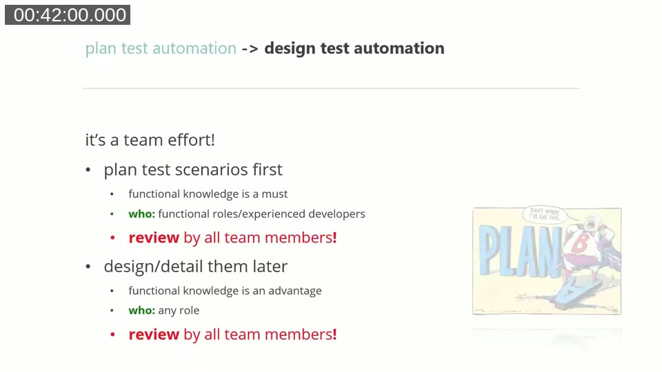 Slide: plan test scenarios first with functional roles or experienced developers, design details later with any role, review by all team members