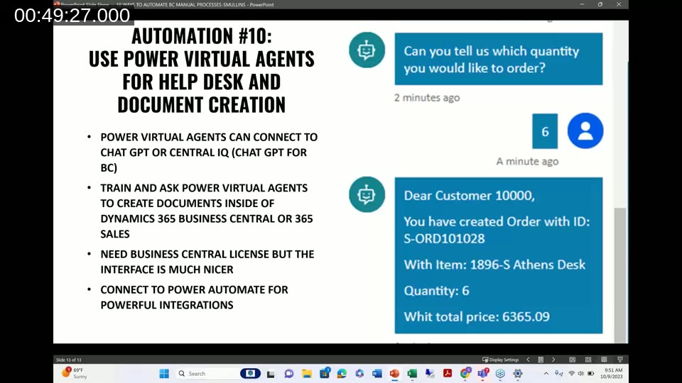 Automation tip 10 slide showing a Power Virtual Agents conversation confirming a sales order created inside Business Central