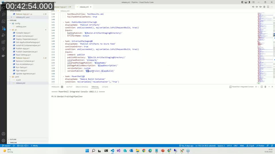 VS Code showing a release.yml pipeline template with a UniversalPackages task publishing artifacts to an Azure Feed