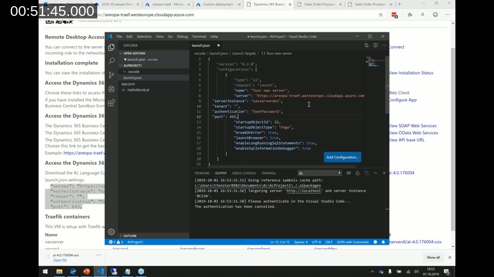 VS Code with launch.json pointing to a Traefik-enabled Azure VM — AL development against a container running behind Traefik with no special port configuration