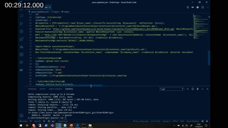 YAML pipeline extended with test steps: downloading the build helper app, running tests, and publishing xUnit results