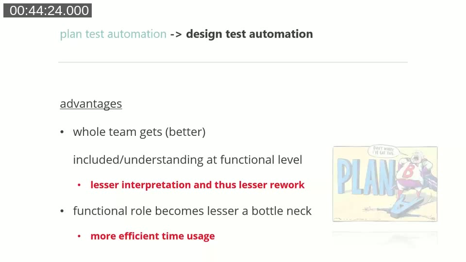 Slide listing advantages of team-based test design: lesser interpretation and rework, functional role becomes less of a bottleneck, more efficient time usage