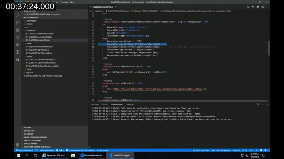 VS Code showing AL codeunit SendRequestAndGetResponse: building a JSON payload and posting to the Azure Function URL