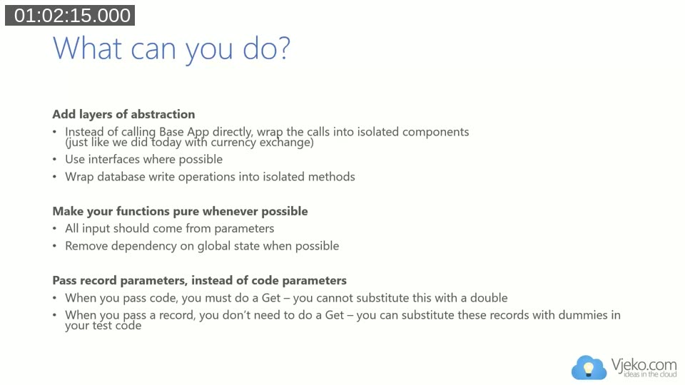 Slide titled What can you do, listing recommendations for making AL code more testable