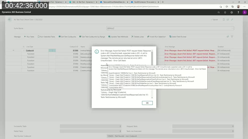Business Central AL Test Tool showing failed test results with a 401 Unauthorized error after calling the API without valid authentication