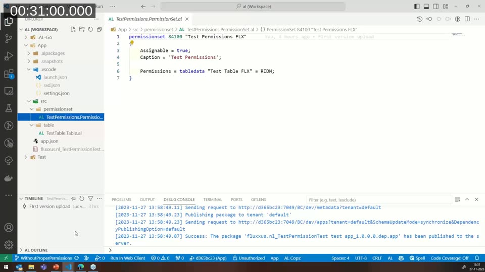 AL Test Tool results showing one passing and two failing test codeunits with the permissions error