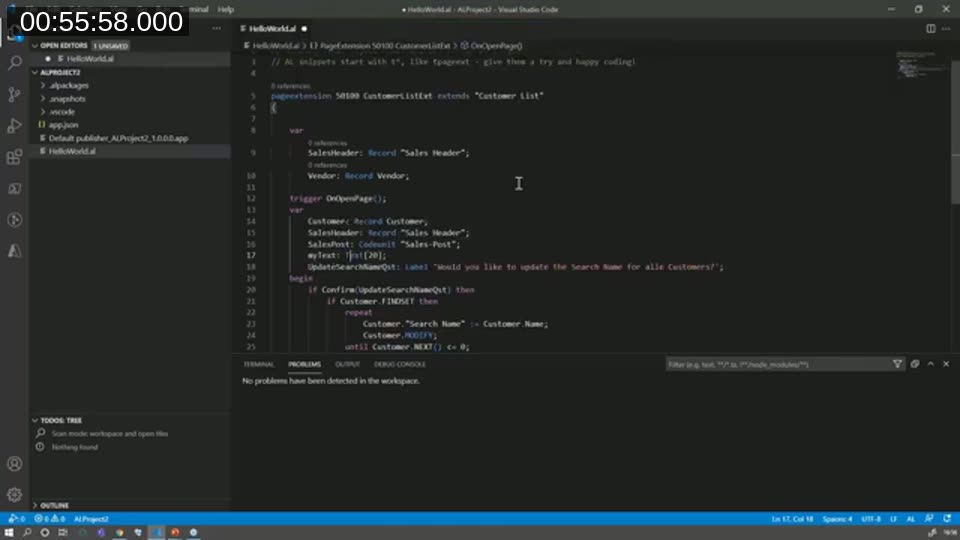 AL code with inconsistent casing and missing parentheses on variables and function calls before running AL Variable Helper's fix casing command