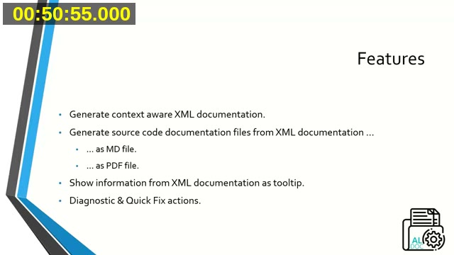 Slide listing AL XML Documentation features: context-aware XML documentation generation, markdown/PDF export, tooltips, and diagnostics