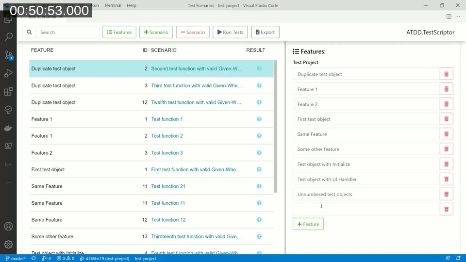 ATDD.TestScriptor feature and scenario overview panel inside VS Code