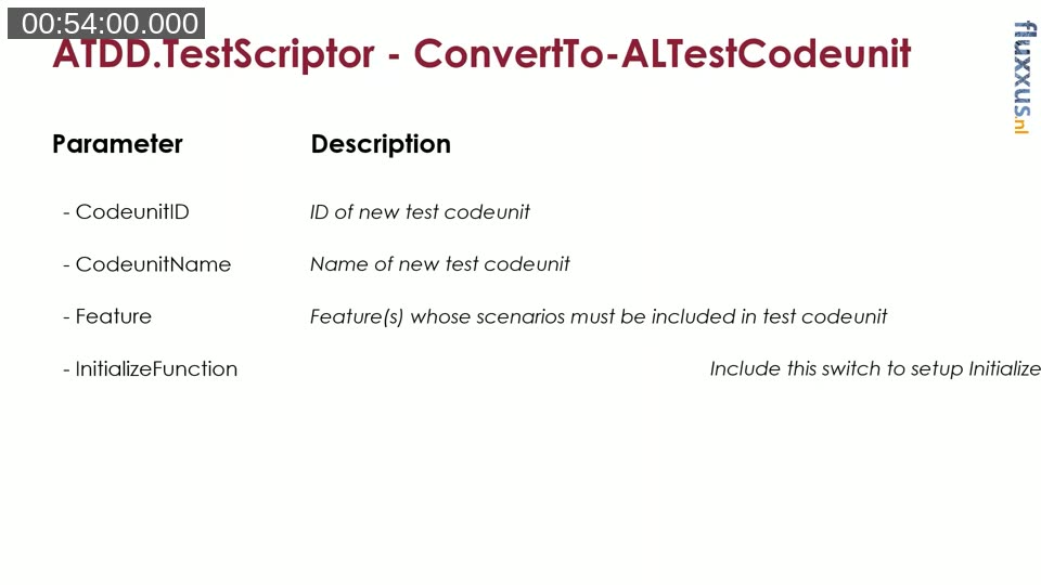 Slide listing ATDD.TestScriptor ConvertTo-ALTestCodeunit parameters: CodeunitID, CodeunitName, Feature, and InitializeFunction with descriptions
