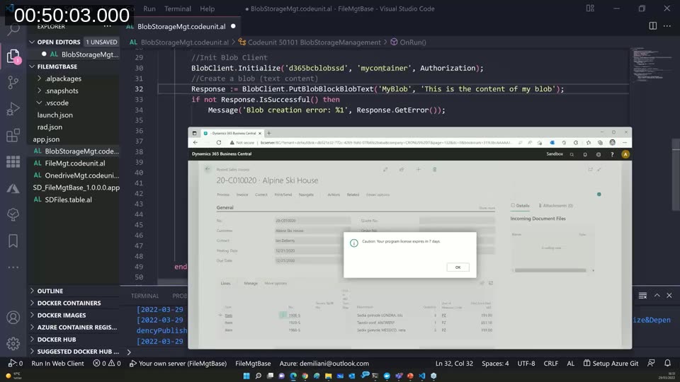 AL code and Business Central client showing the ABS Blob Client codeunit's PutBlobBlockBlobText method being used to write blob content