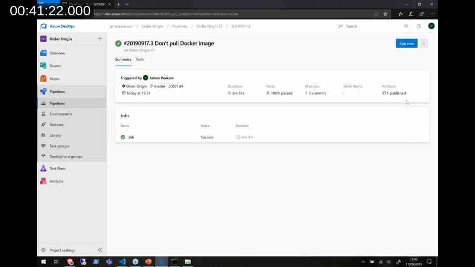 Azure DevOps build summary showing 100% tests passed and one artifact published