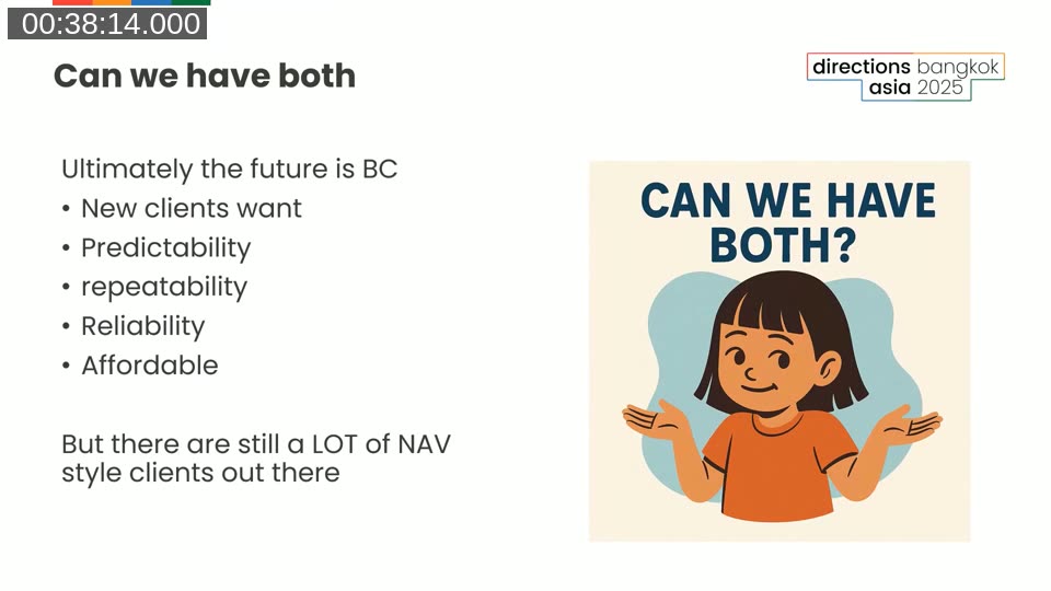 Slide titled 'Can we have both' stating the future is BC because new clients want predictability, repeatability, reliability, and affordability, but noting there are still a lot of NAV-style clients out there
