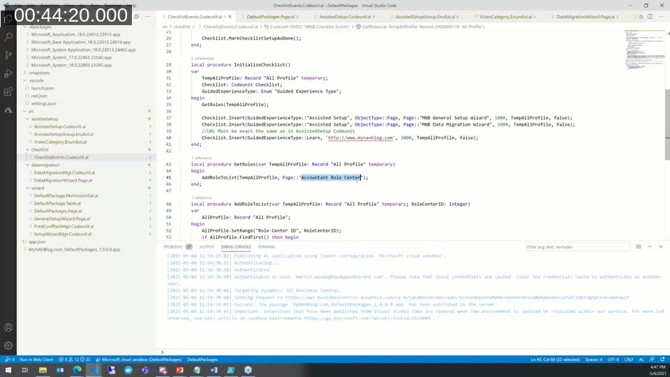 VS Code showing the ChecklistEvents codeunit AL code that inserts checklist items mapped to the Accountant Role Center