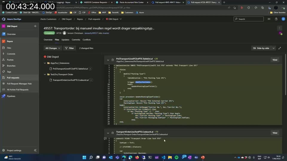 Azure DevOps pull request showing a table extension change alongside its accompanying test codeunit