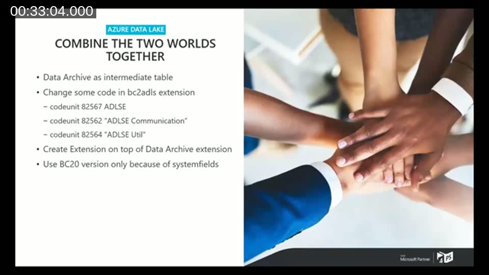 Slide listing the ADLSE codeunits modified to combine the Data Archive extension with bc2adls as an intermediate export table
