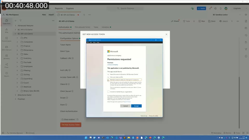 Microsoft sign-in consent dialog asking the user to grant the Postman app access to Business Central