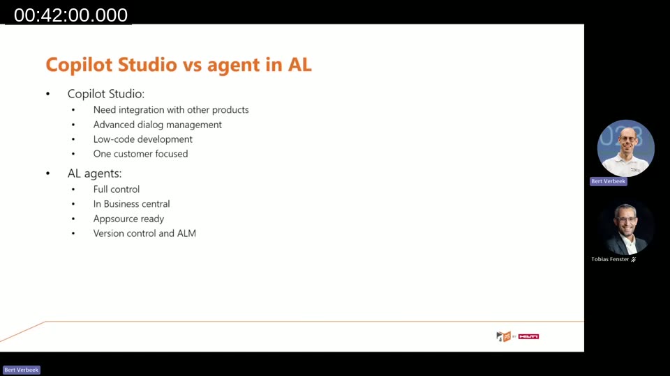 Comparison slide of Copilot Studio versus AL agents, listing integration, dialog management, and distribution trade-offs