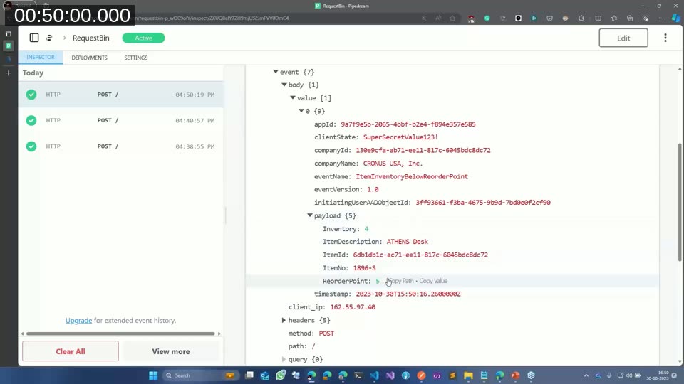 JSON payload received from a custom business event notification, showing item reorder point data