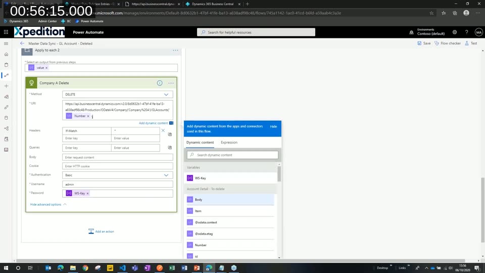 Power Automate HTTP action configured to DELETE a GL account, using Basic authentication with a username and a WS-Key variable for the password