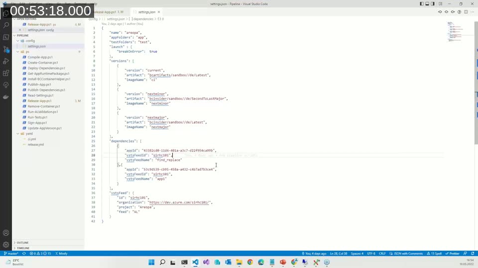 settings.json file defining app dependencies by app ID, Azure Feed ID, and feed name for third-party extensions
