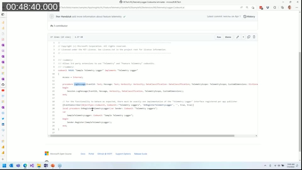 AL code sample MyTelemetryLogger codeunit implementing the Telemetry Logger interface from the BCTech Feature Telemetry sample