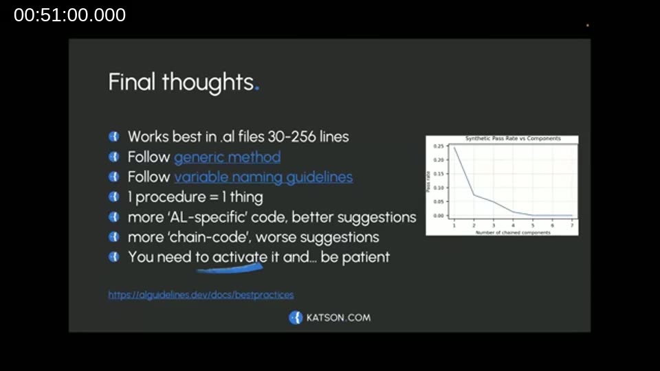 Final thoughts slide summarizing best practices for getting good GitHub Copilot suggestions in AL
