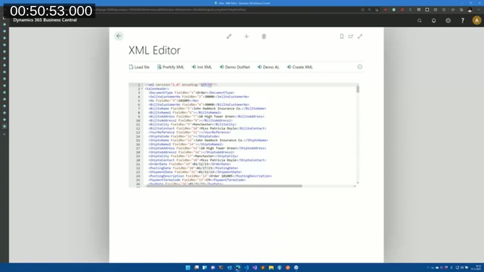 Generated XML output for a sales order with a UTF-8 XML declaration and FieldNo attributes on each element