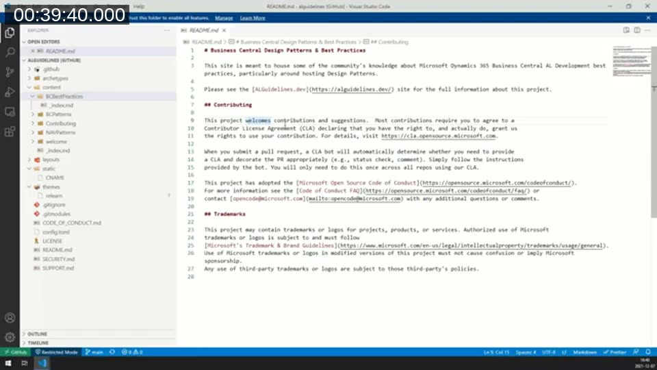 GitHub Repositories extension with the AL Guidelines repository opened remotely without cloning