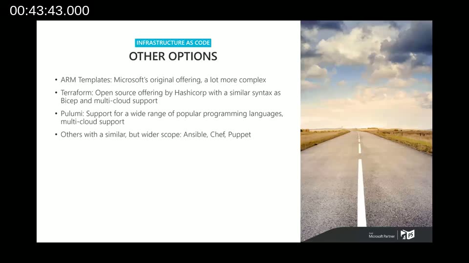 Slide listing other Infrastructure as Code options: ARM templates, Terraform, Pulumi, Ansible, Chef, Puppet