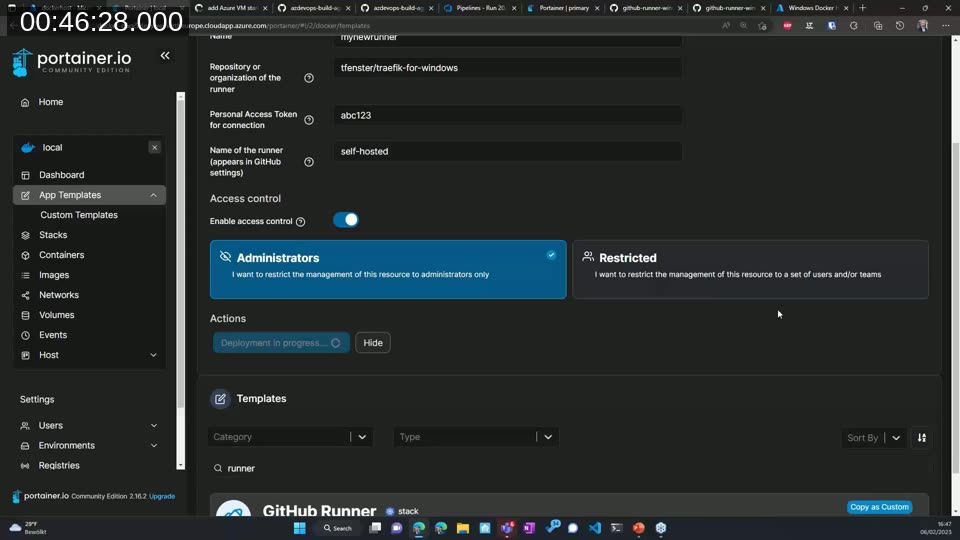 Portainer app template deployment form for creating a GitHub Runner container with repository, personal access token and runner name fields
