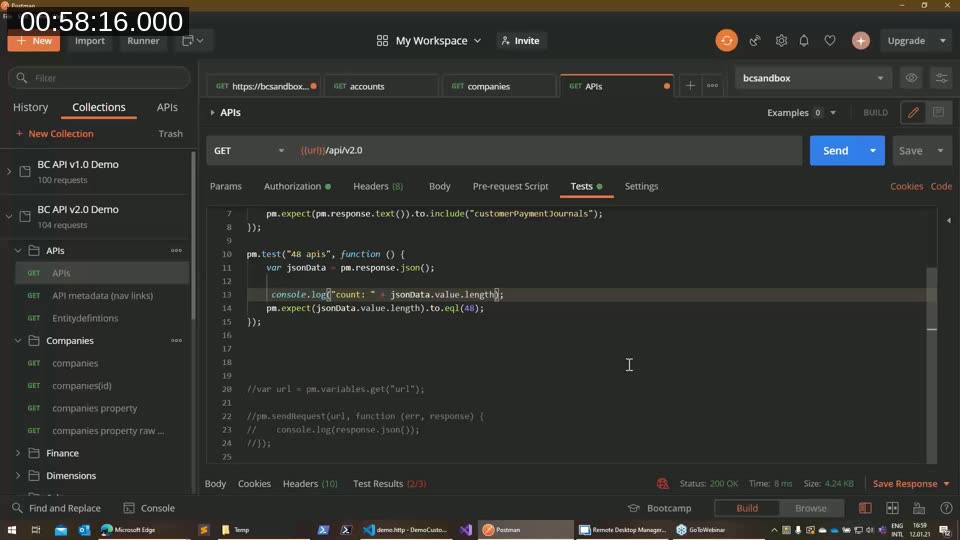 Postman Tests script with a pm.test assertion checking that an API response contains exactly 48 endpoints