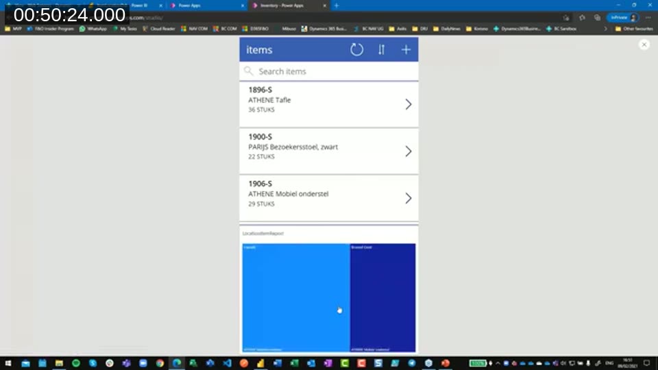 Power App showing an items list with an embedded Power BI report below it that filters automatically based on the selected item