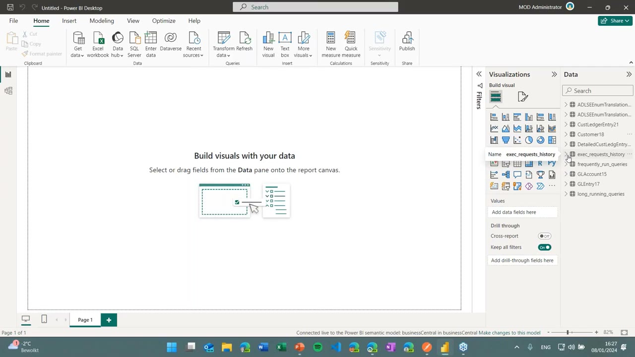 Power BI Desktop report connected live to the businessCentral Power BI semantic model, reading the Lakehouse data directly via Direct Lake.